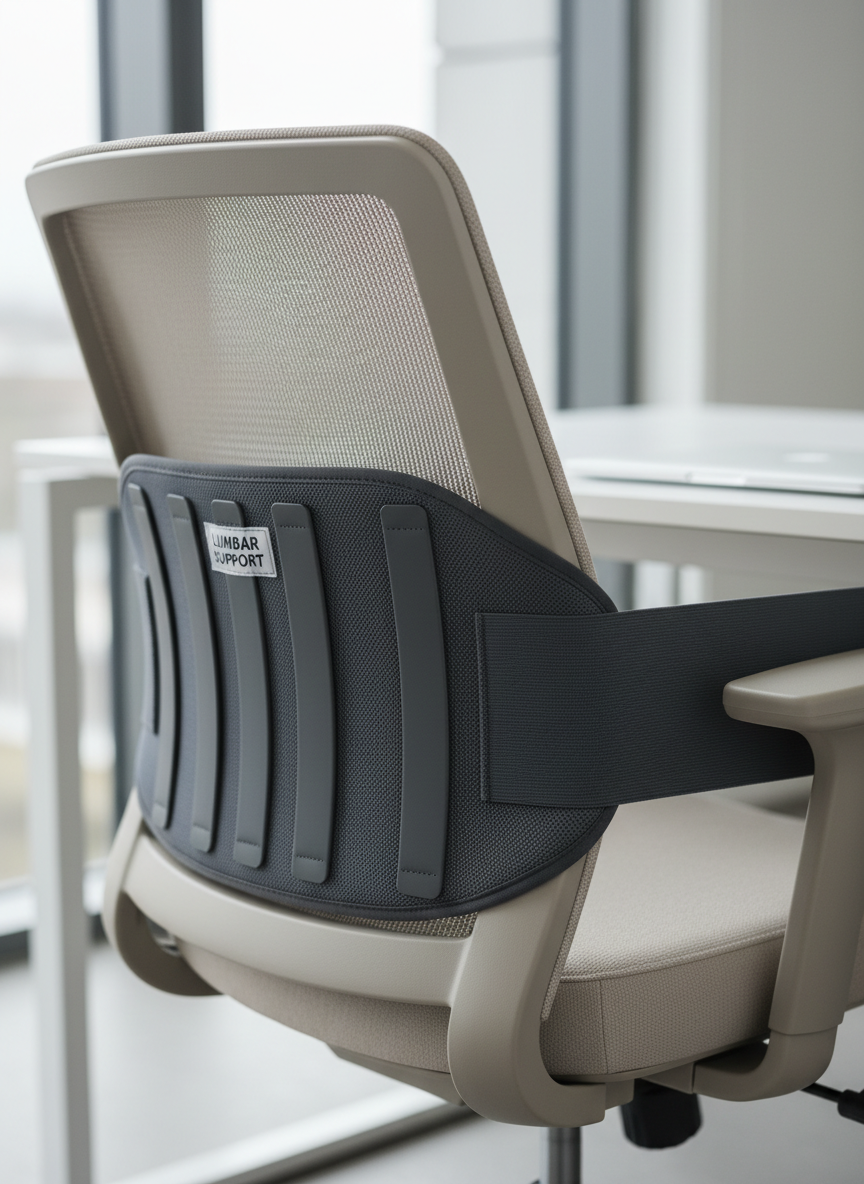A sturdy lumbar support back brace wrapped around a neutral-colored ergonomic office chair, emphasizing the brace hugging the lower backrest. The brace is charcoal gray with elastic bands, reinforced vertical stays, and a small label indicating “lumbar support.” The chair sits in a contemporary office setting with a sleek white desk and a closed laptop blurred in the background. Natural overcast daylight filters through a nearby window, creating soft, even lighting with minimal shadows. Photographic realism, captured at eye level with a shallow depth of field so the brace is in crisp focus and the background gently blurred. The mood is professional, calm, and solution-focused, ideal for illustrating back pain relief during desk work.